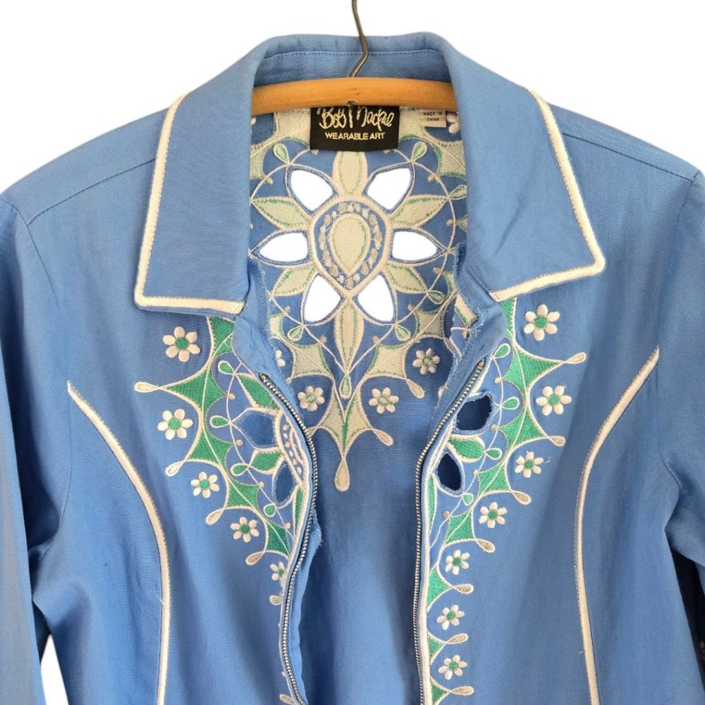 Bob Mackie Wearable Art Blue Medium Embroidered Jacket 3/4 Sleeve Floral - Picture 4 of 11